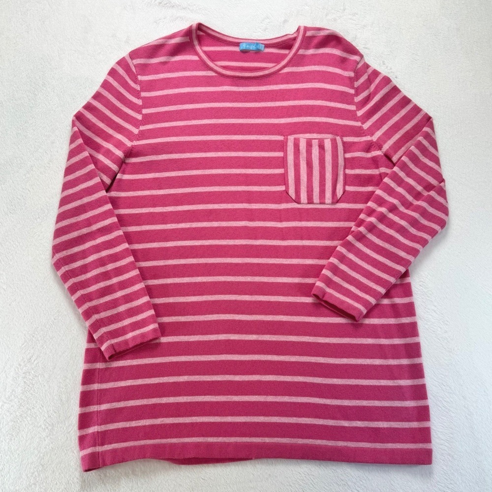 J.McLaughlin Womens Pink Striped Long Sleeve Knit Top Crew Neck Chest Pocket L
